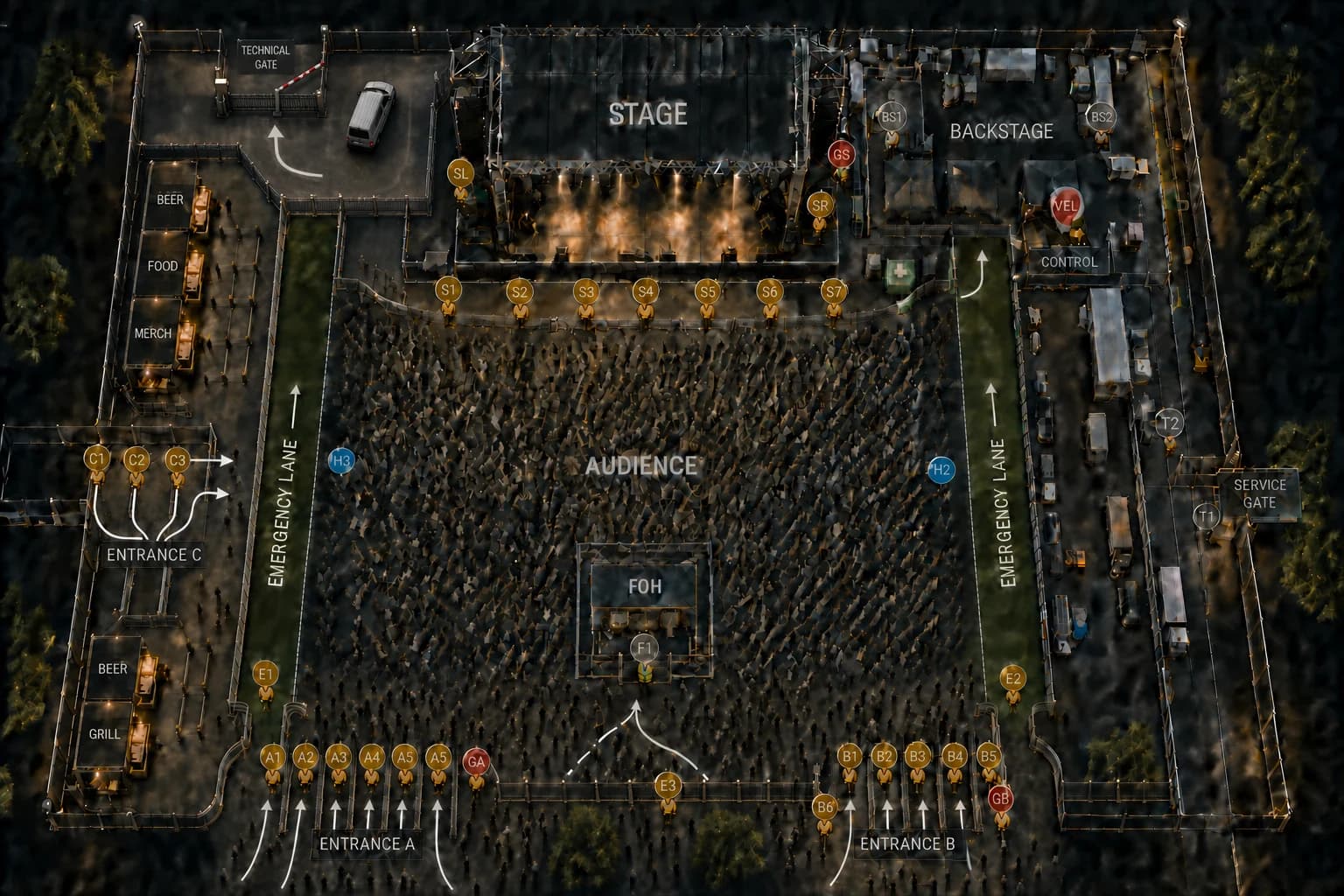 Security staff at barriers during a public event