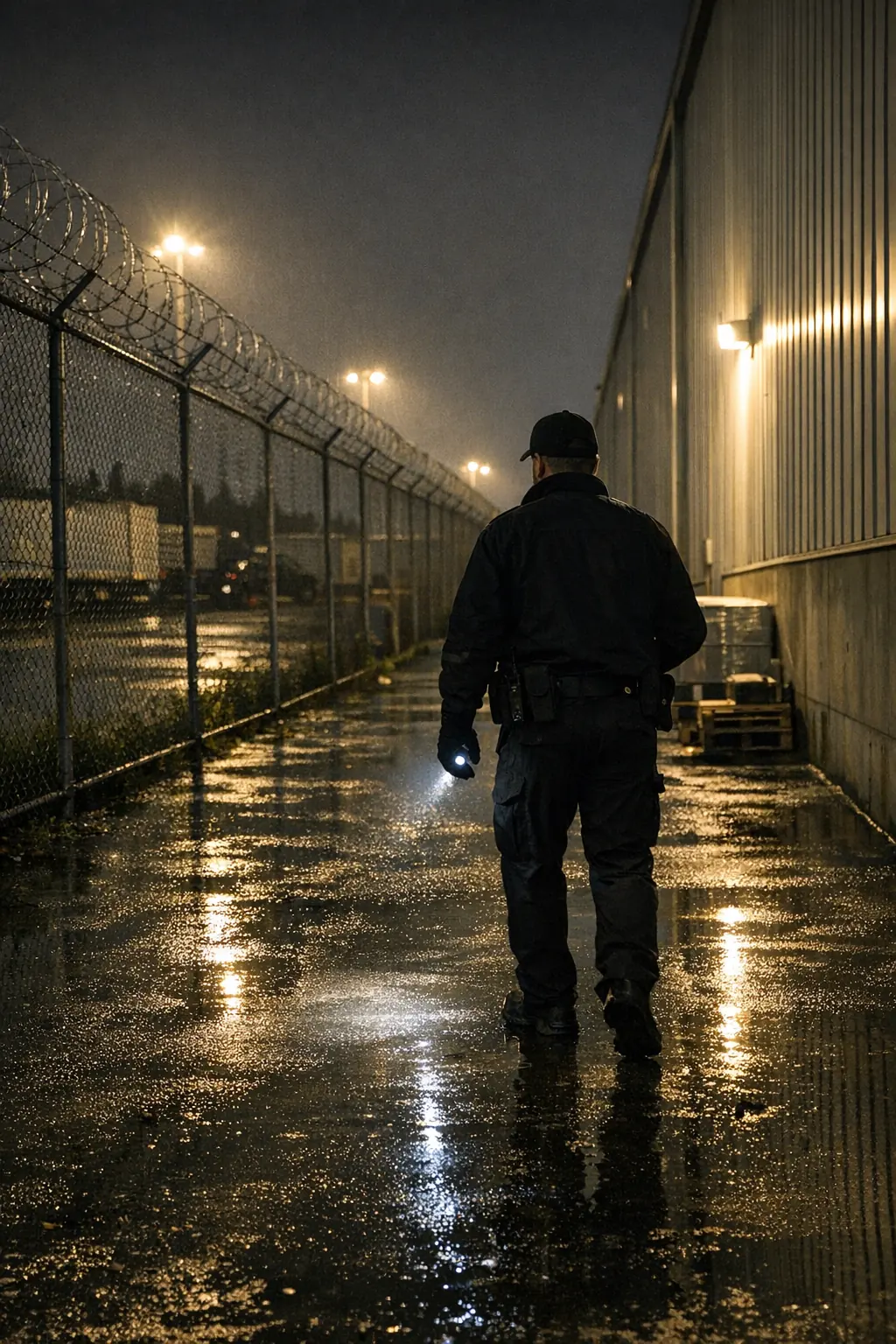 Ilustrační pohled na noční obchůzku podél oplocení logistického areálu