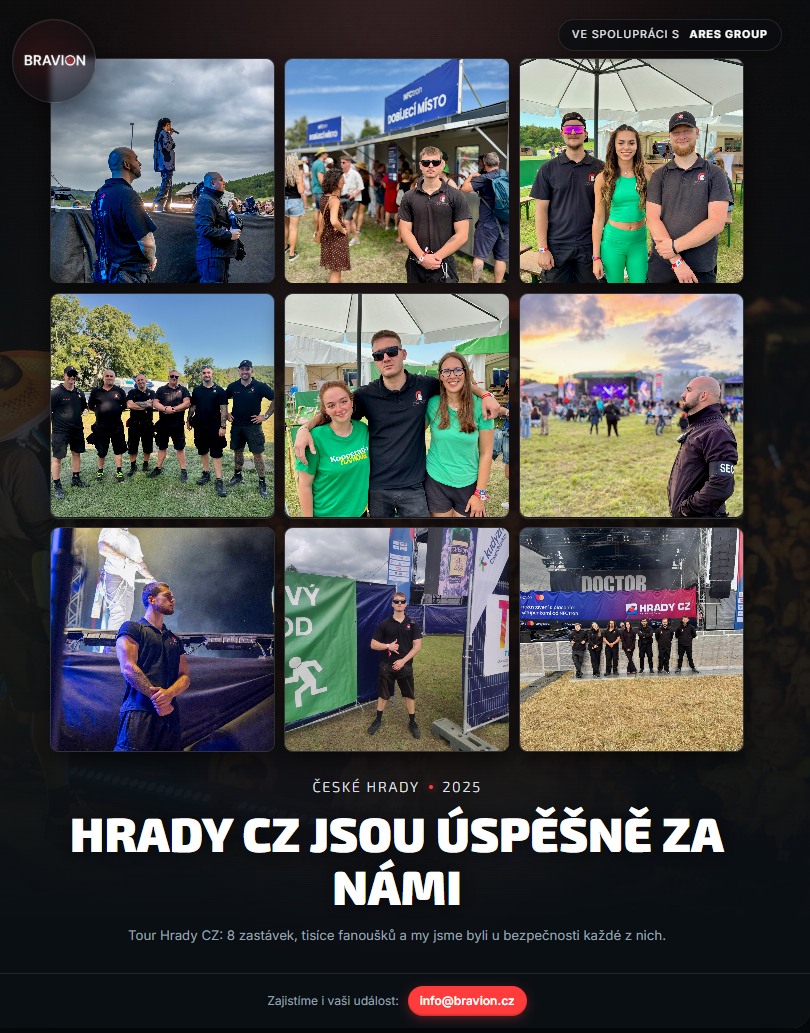 Koláž: ostraha a záběry z festivalu Hrady CZ